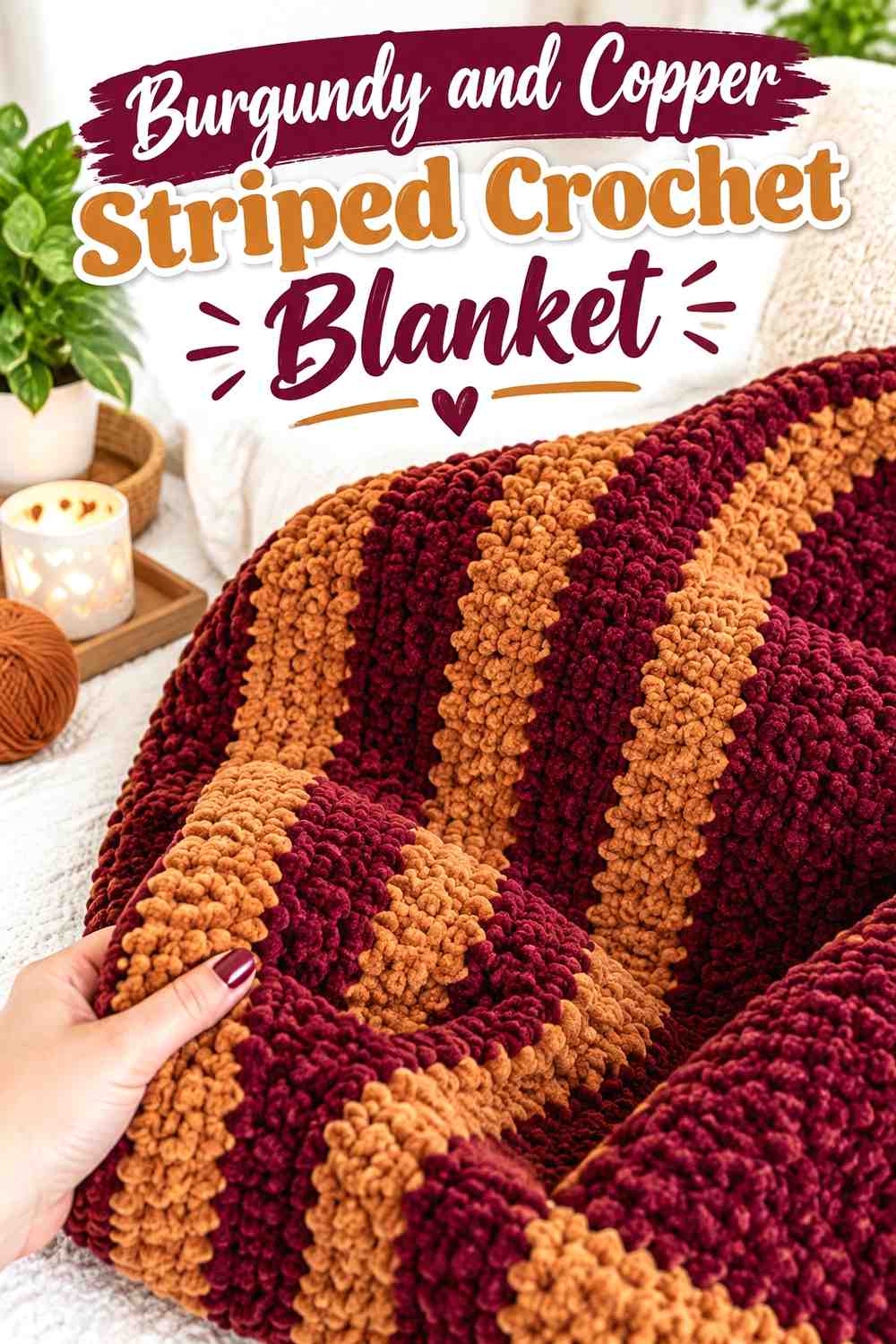 1. Burgundy And Copper Striped Crochet Blanket