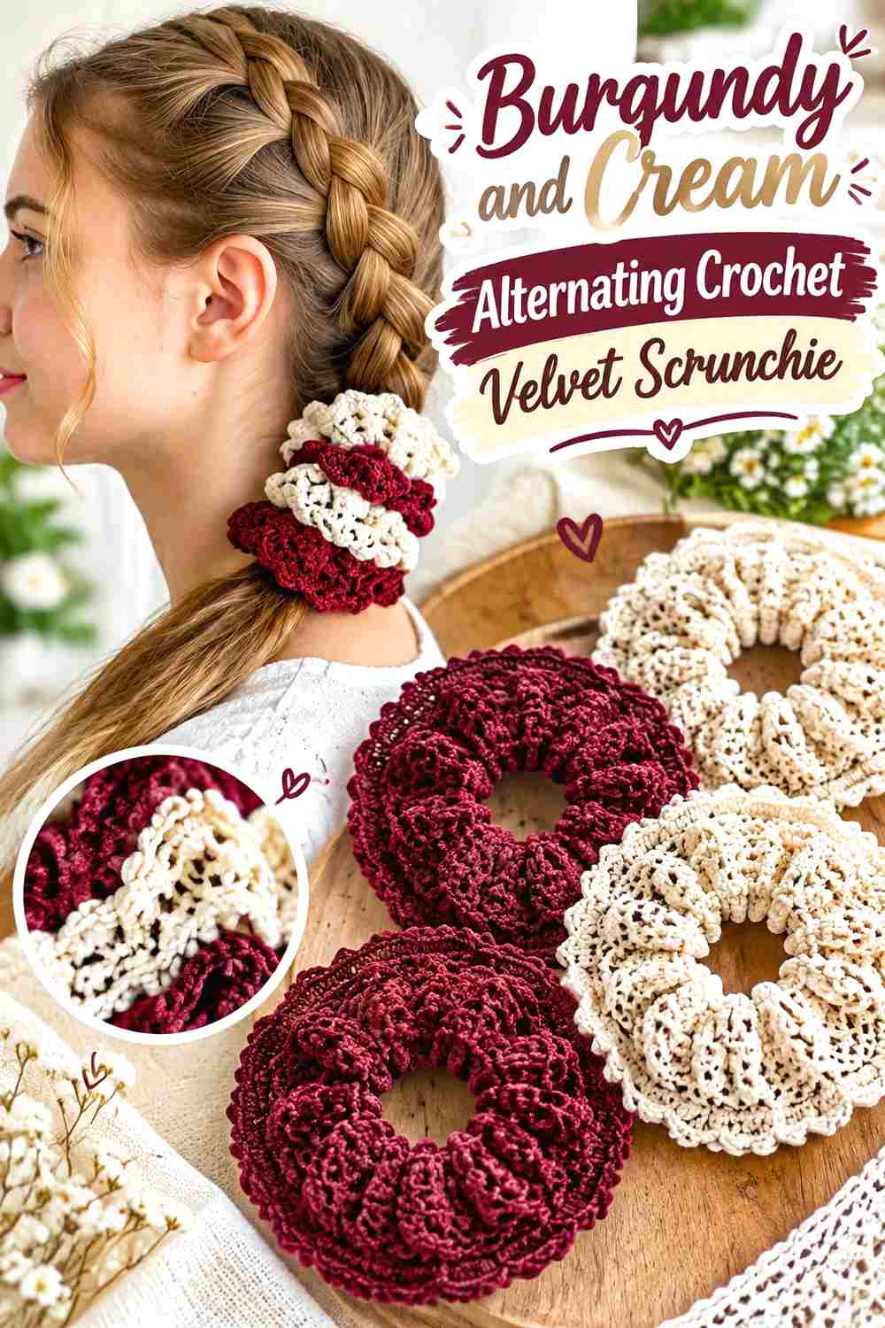 10. Burgundy And Cream Alternating Crochet Velvet Scrunchie