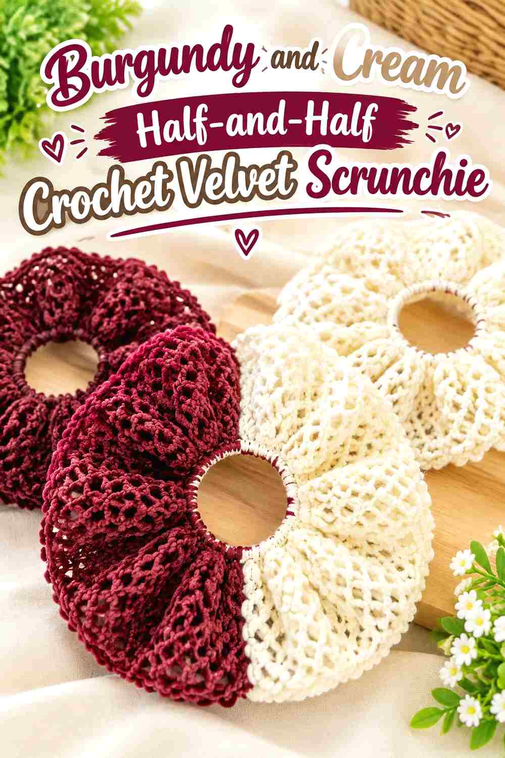 5. Burgundy And Cream Half And Half Crochet Velvet Scrunchie