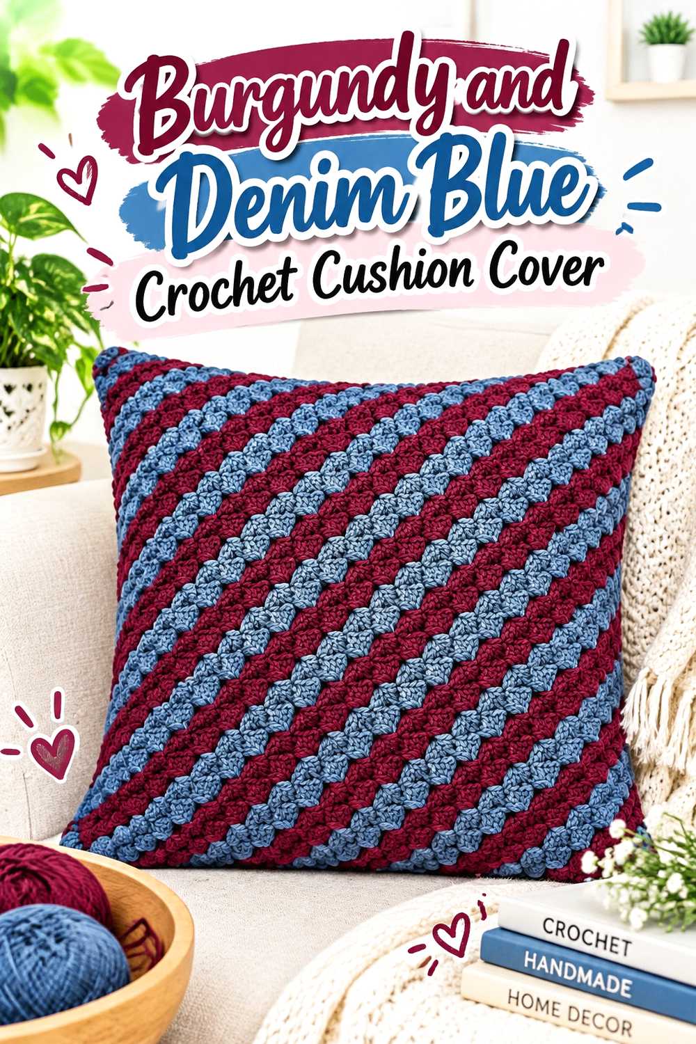 7. Burgundy And Denim Blue Crochet Cushion Cover