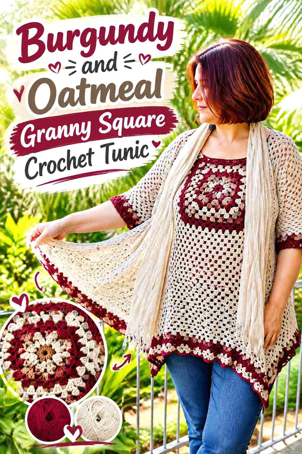 1. Burgundy And Oatmeal Granny Square Crochet Tunic