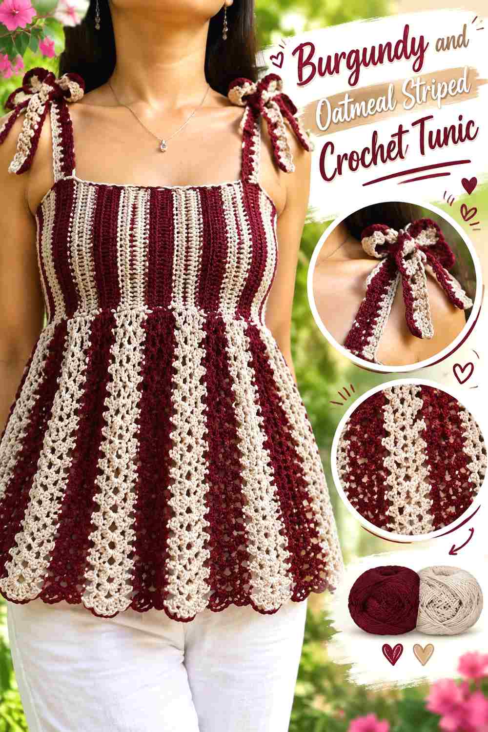 5. Burgundy And Oatmeal Striped Crochet Tunic