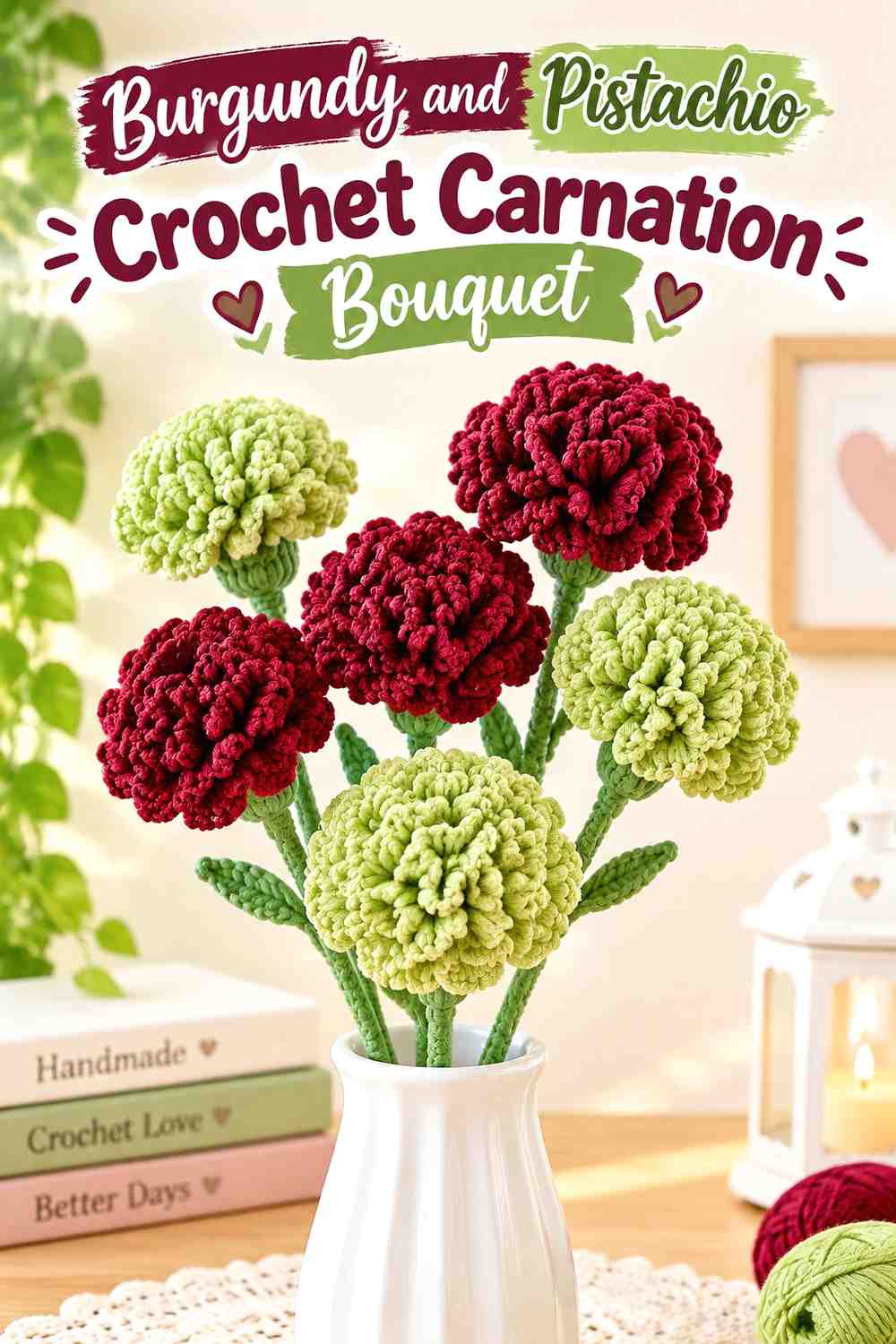 8. Burgundy And Pistachio Crochet Carnation Bouquet