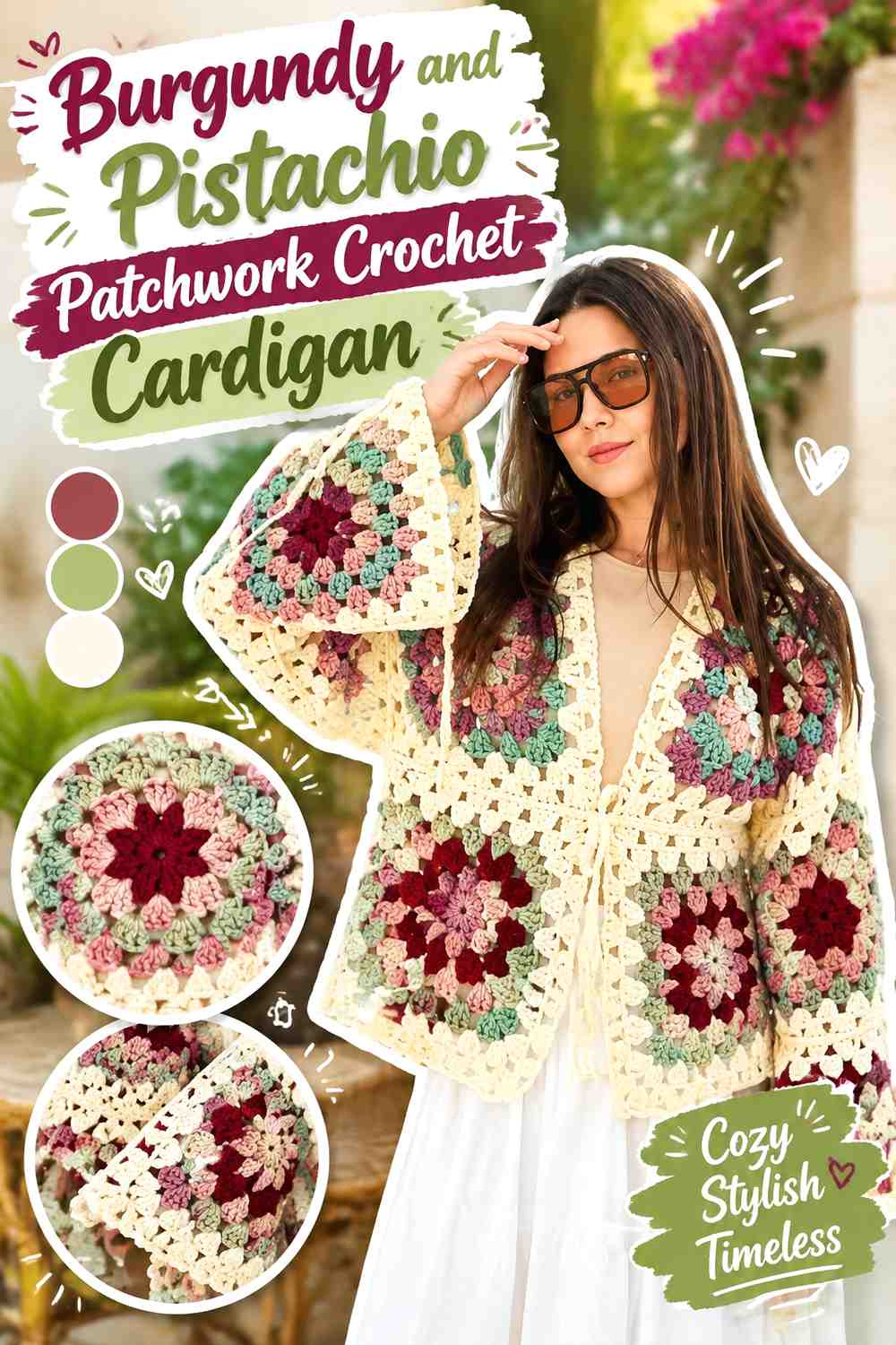 13. Burgundy And Pistachio Patchwork Crochet Cardigan