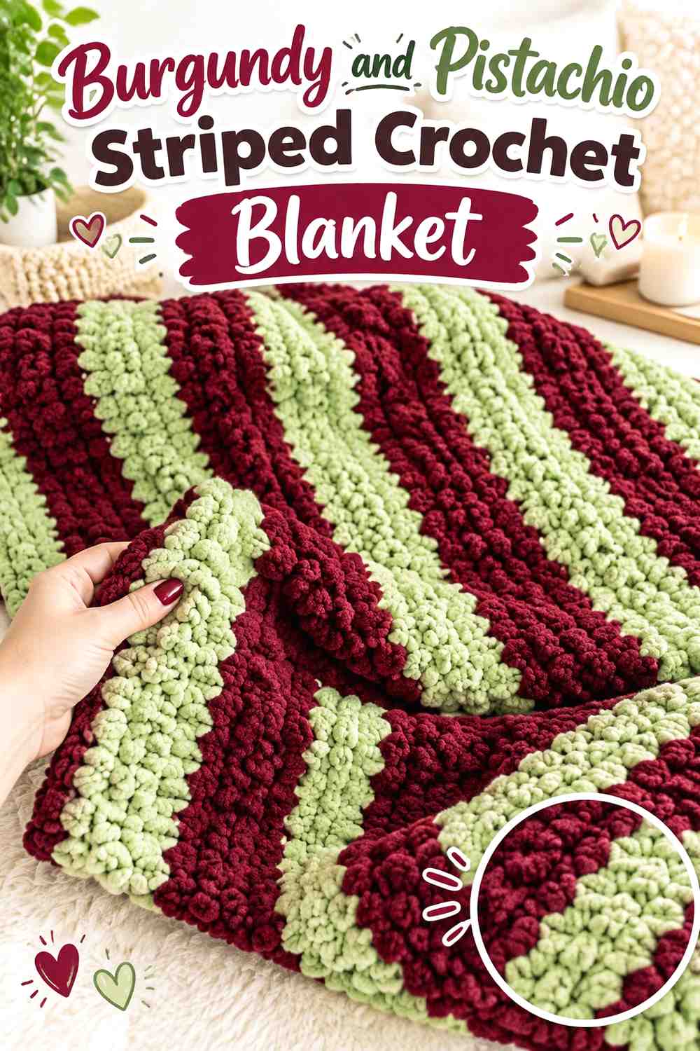 1. Burgundy And Pistachio Striped Crochet Blanket