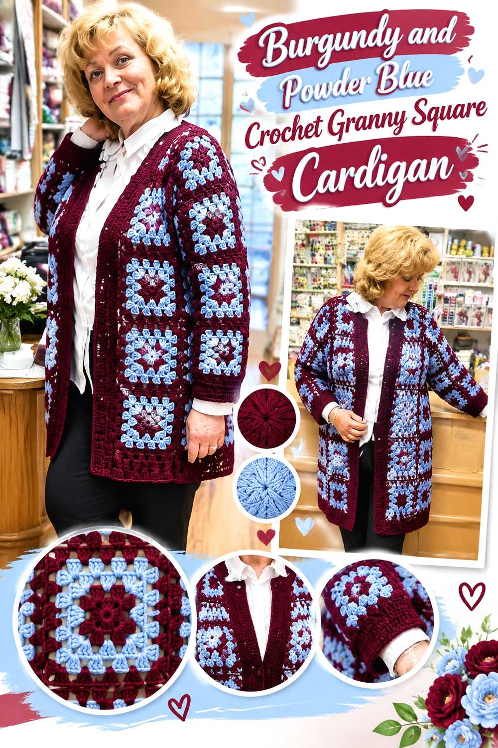 2. Burgundy And Powder Blue Crochet Granny Square Cardigan