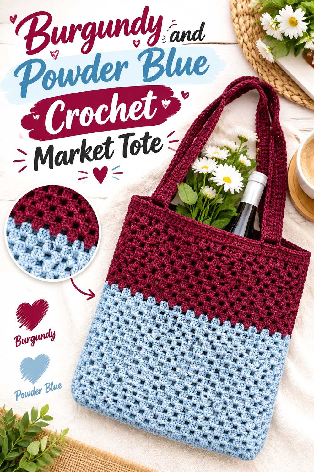 13. Burgundy And Powder Blue Crochet Market Tote