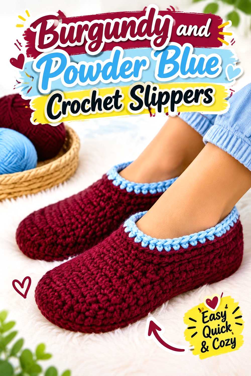 6. Burgundy And Powder Blue Crochet Slippers