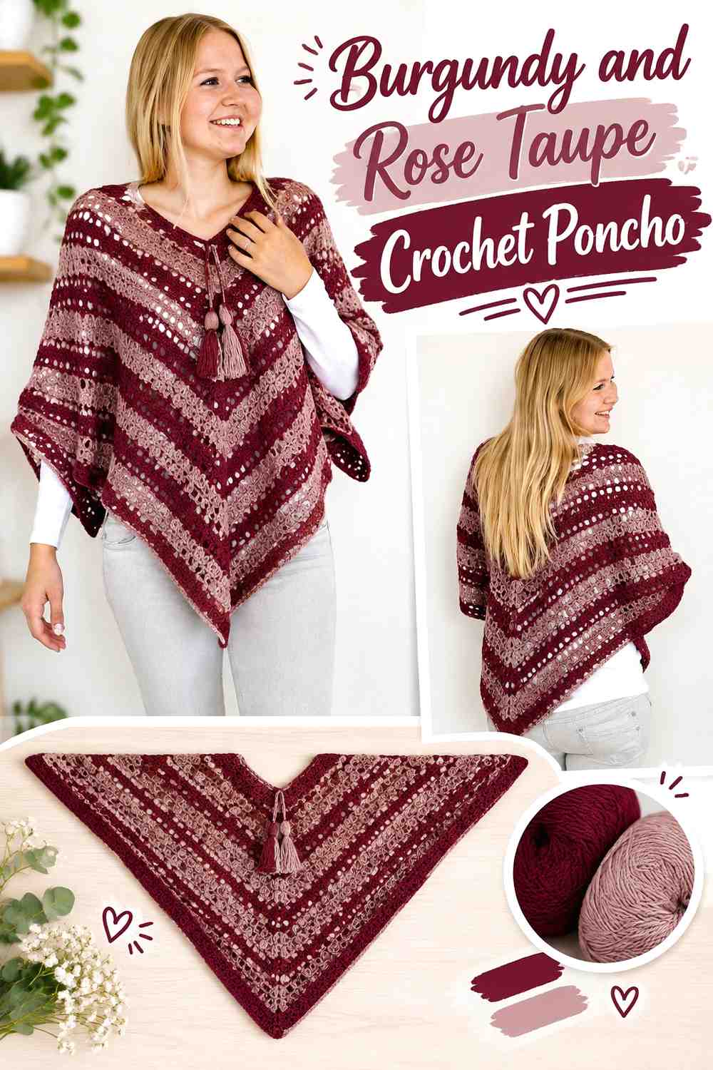 16. Burgundy And Rose Taupe Crochet Poncho