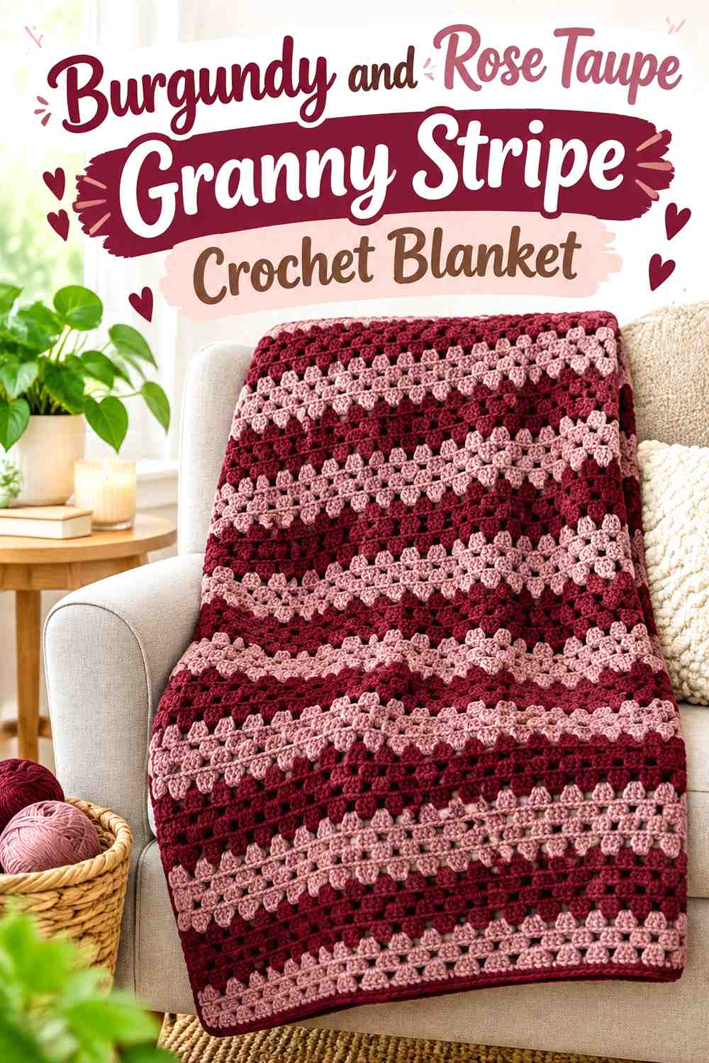 1. Burgundy And Rose Taupe Granny Stripe Crochet Blanket