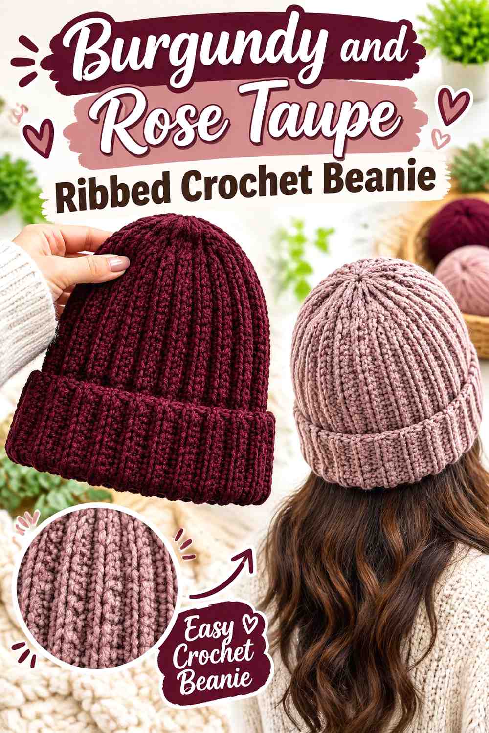2. Burgundy And Rose Taupe Ribbed Crochet Beanie