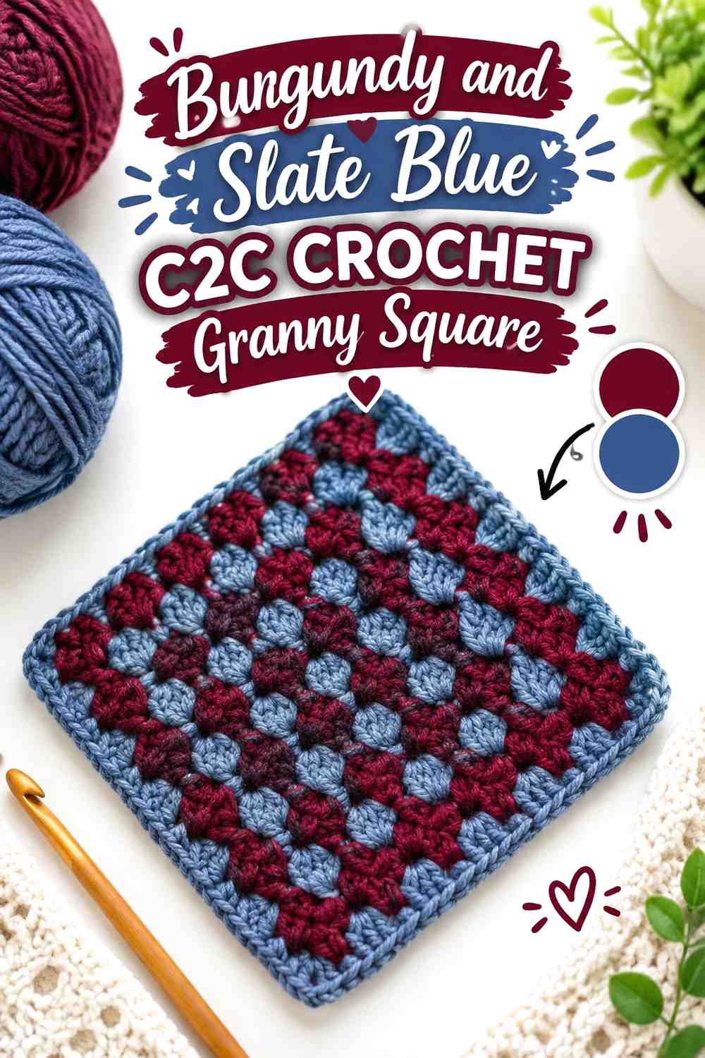 5. Burgundy And Slate Blue C2c Crochet Granny Square