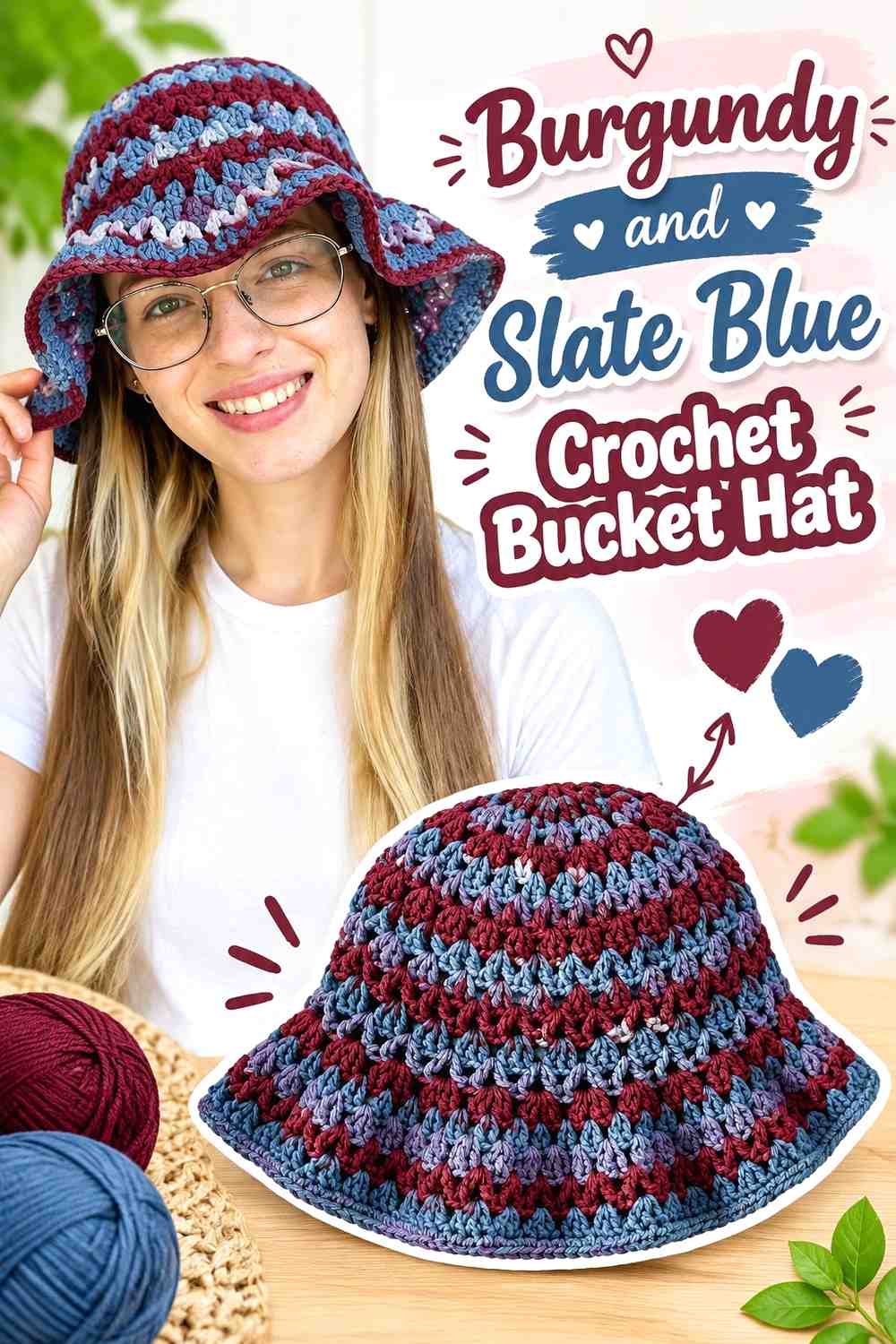 12. Burgundy And Slate Blue Crochet Bucket Hat