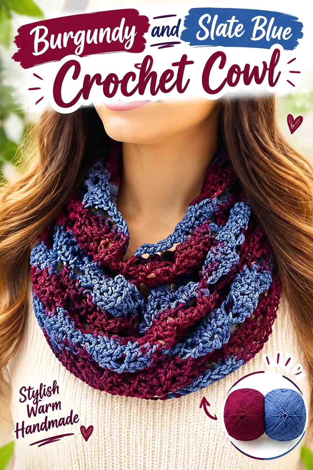 11. Burgundy And Slate Blue Crochet Cowl