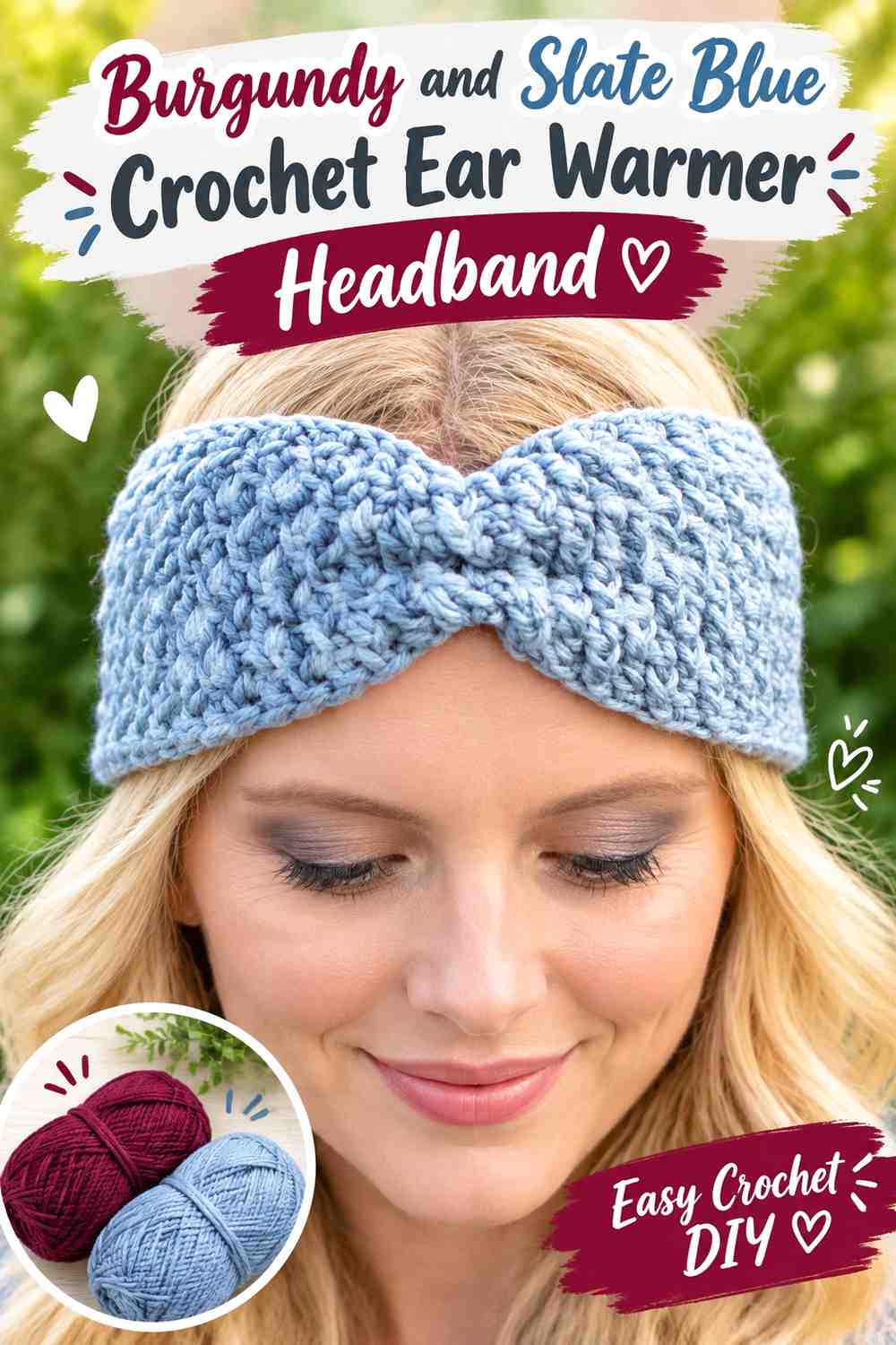 16. Burgundy And Slate Blue Crochet Ear Warmer Headband