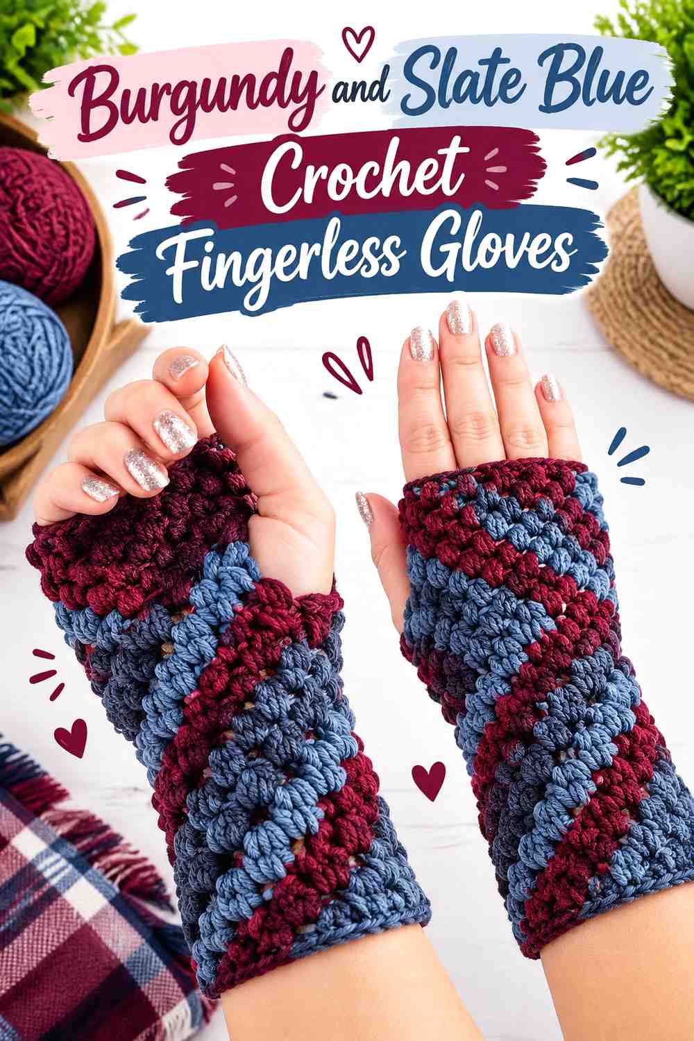 15. Burgundy And Slate Blue Crochet Fingerless Gloves