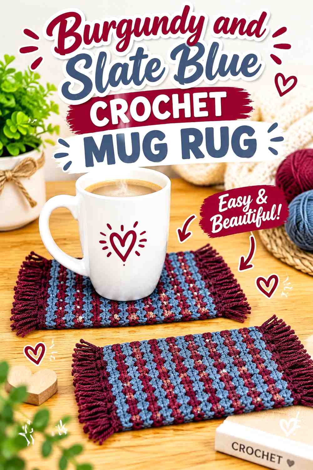 14. Burgundy And Slate Blue Crochet Mug Rug