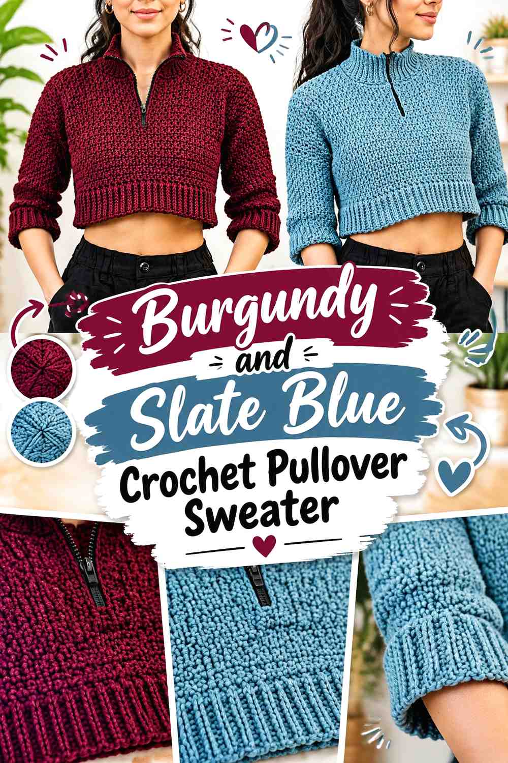 7. Burgundy And Slate Blue Crochet Pullover Sweater