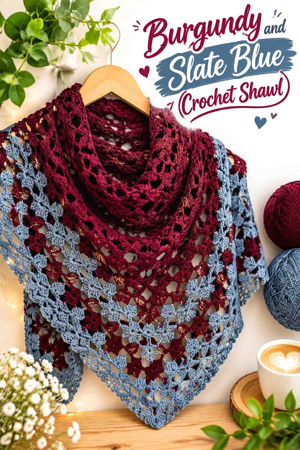 6. Burgundy And Slate Blue Crochet Shawl