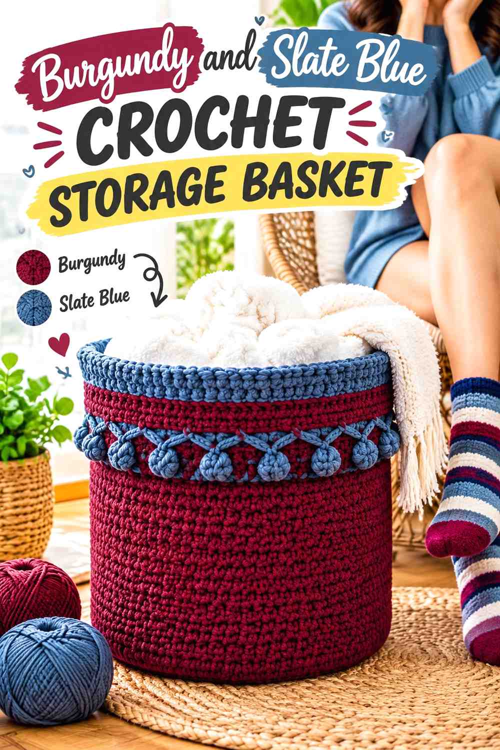 8. Burgundy And Slate Blue Crochet Storage Basket