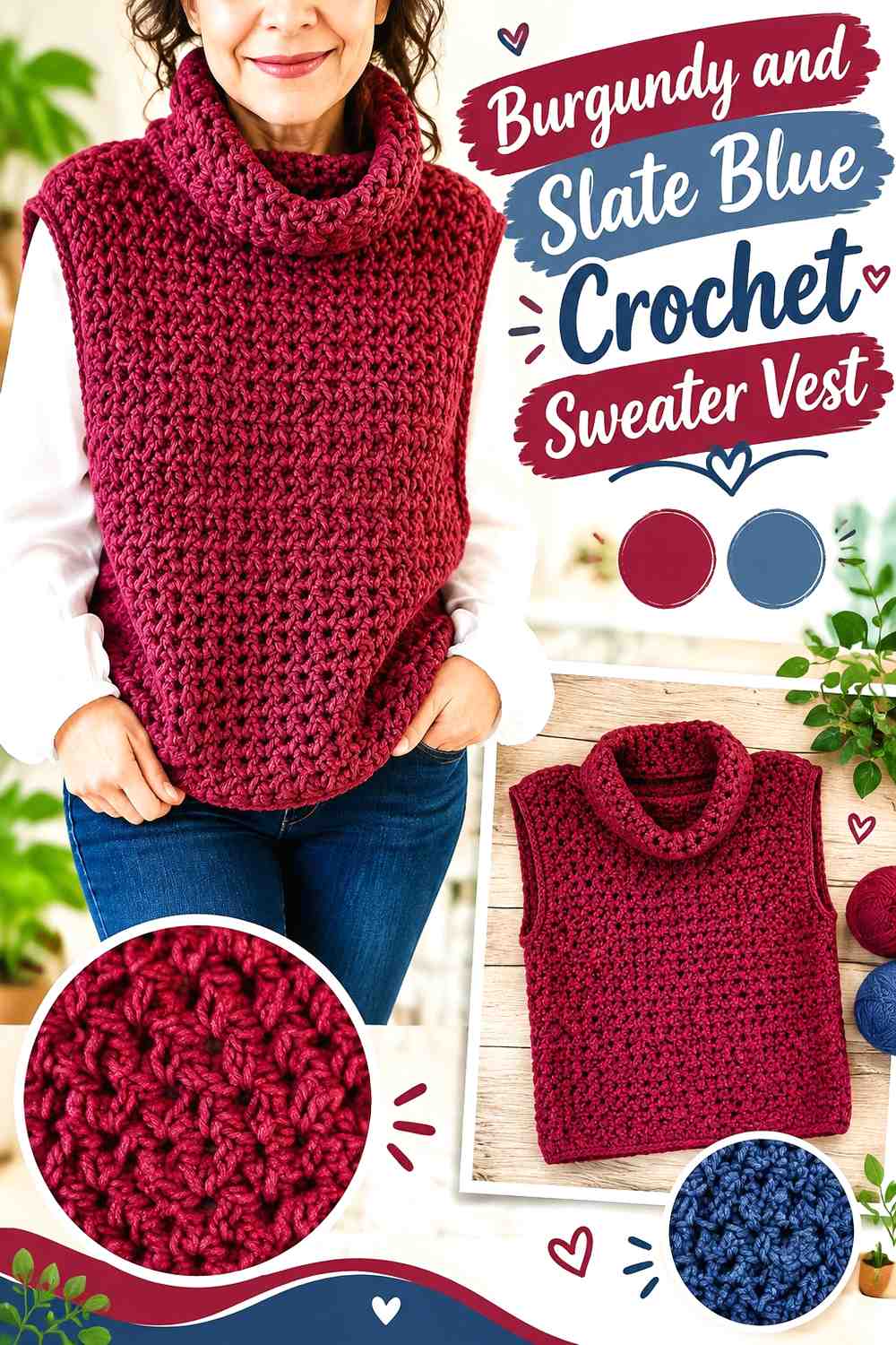 13. Burgundy And Slate Blue Crochet Sweater Vest