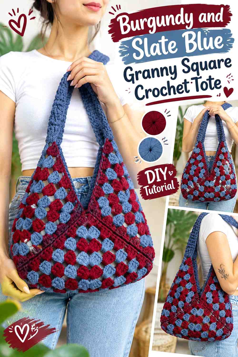 3. Burgundy And Slate Blue Granny Square Crochet Tote
