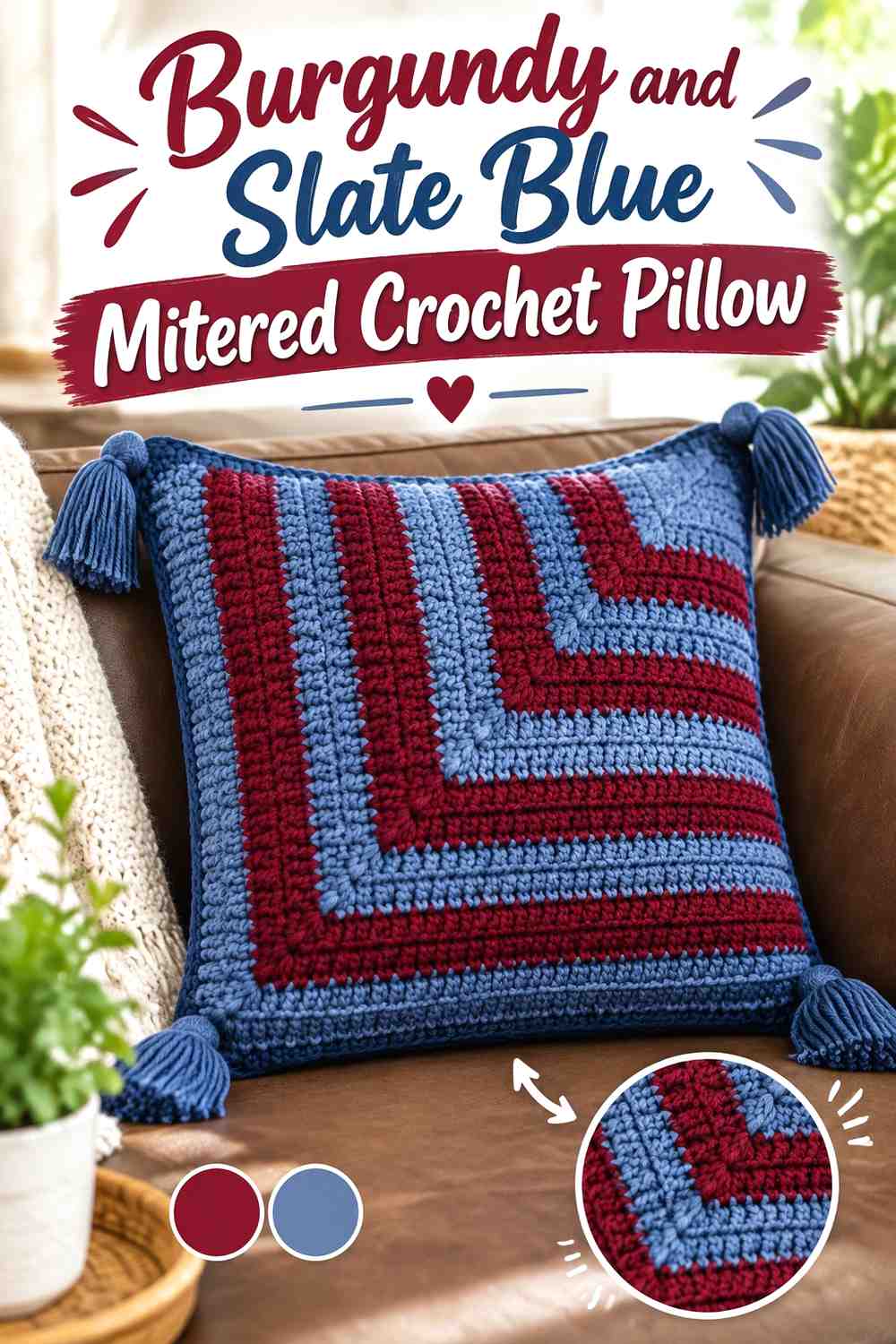 4. Burgundy And Slate Blue Mitered Crochet Pillow