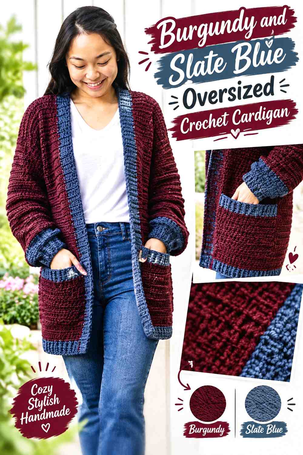 10. Burgundy And Slate Blue Oversized Crochet Cardigan