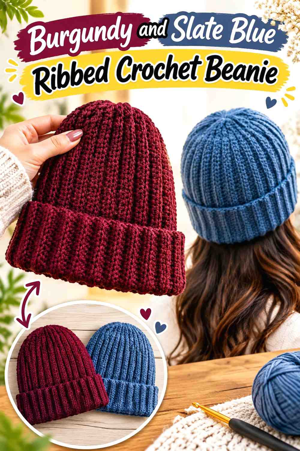 2. Burgundy And Slate Blue Ribbed Crochet Beanie