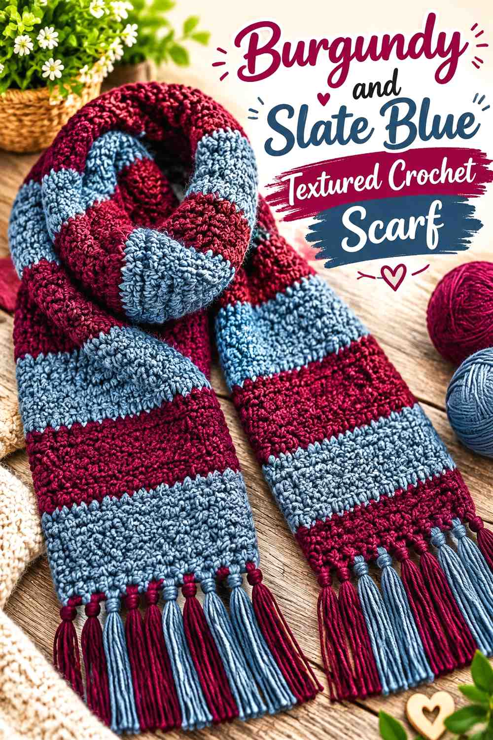 9. Burgundy And Slate Blue Textured Crochet Scarf
