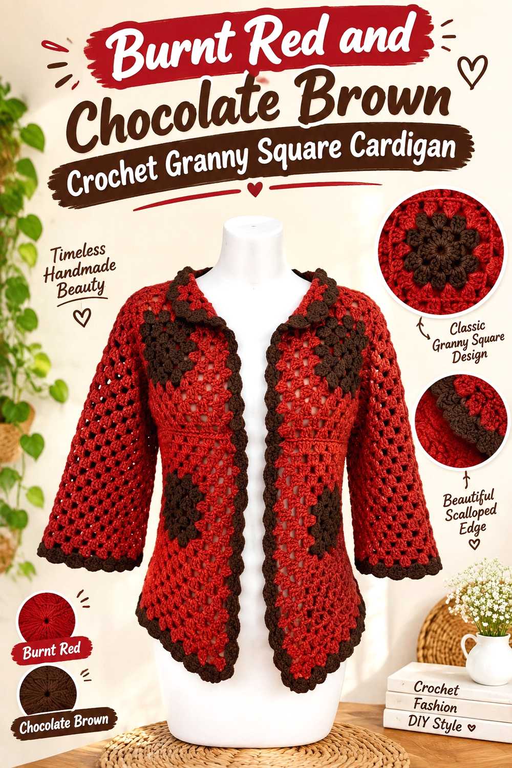 2. Burnt Red And Chocolate Brown Crochet Granny Square Cardigan