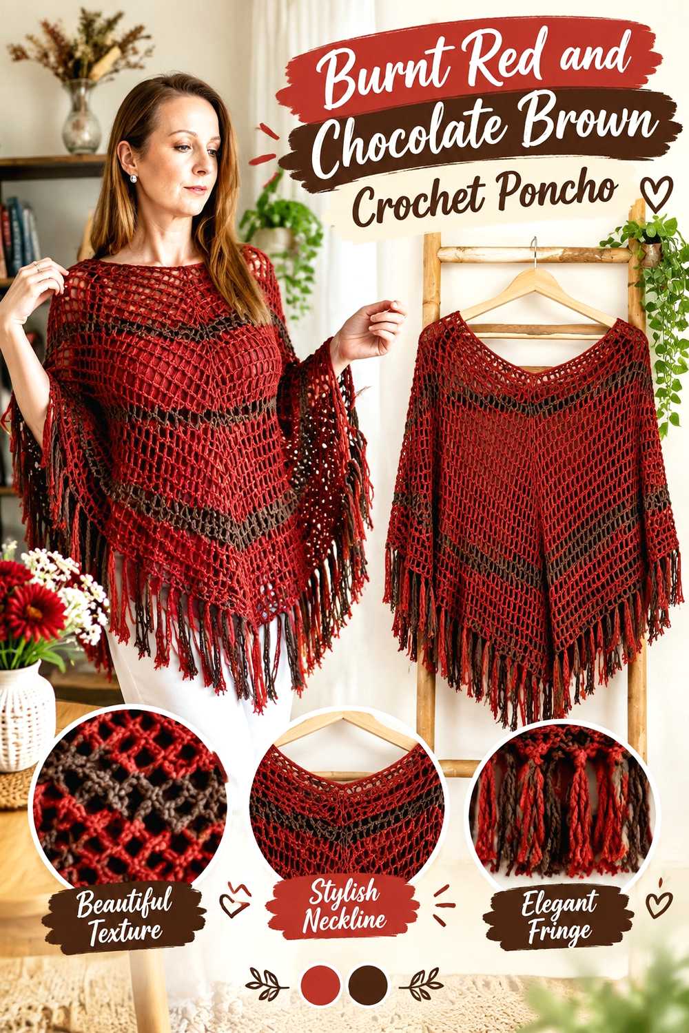 5. Burnt Red And Chocolate Brown Crochet Poncho
