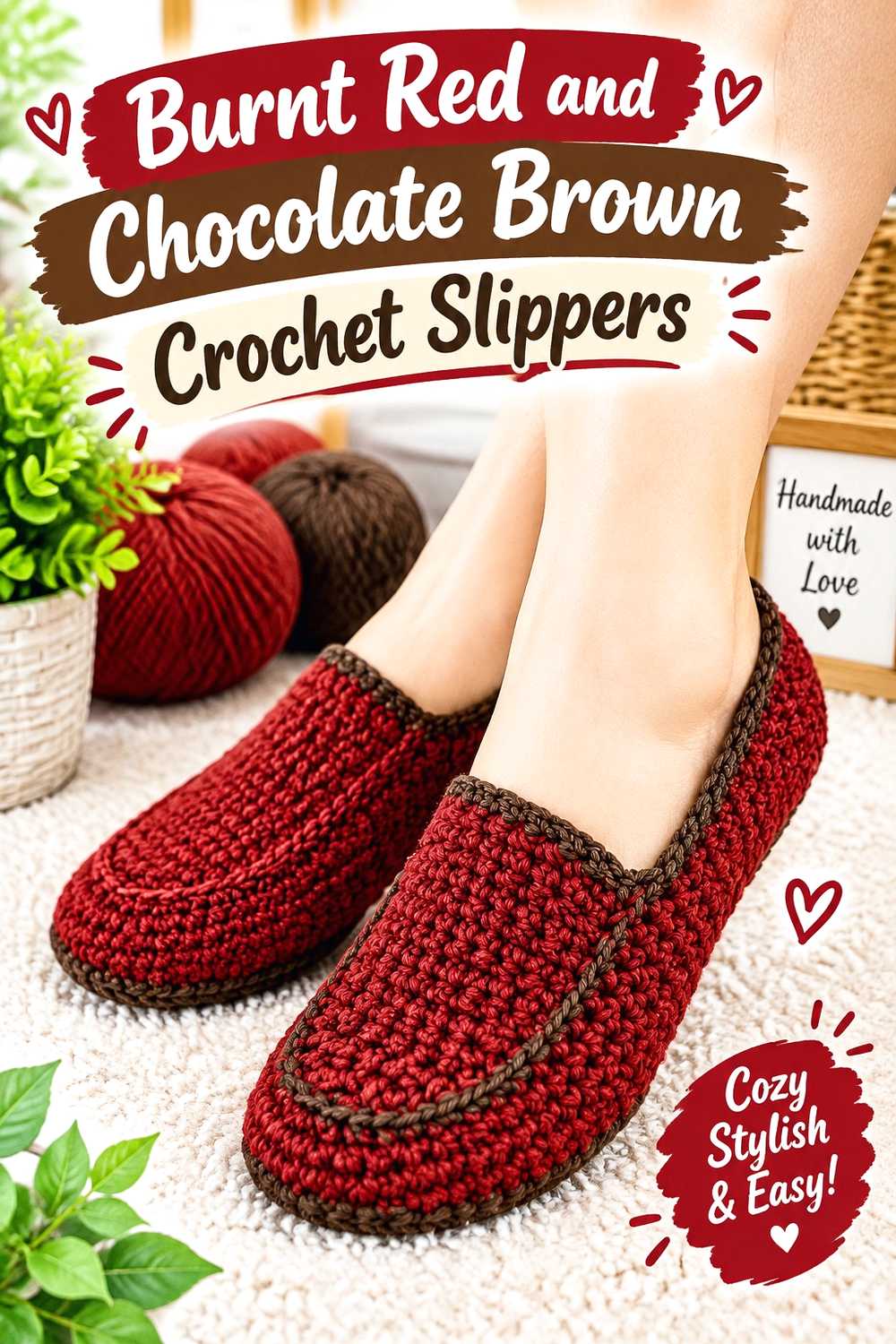 10. Burnt Red And Chocolate Brown Crochet Slippers