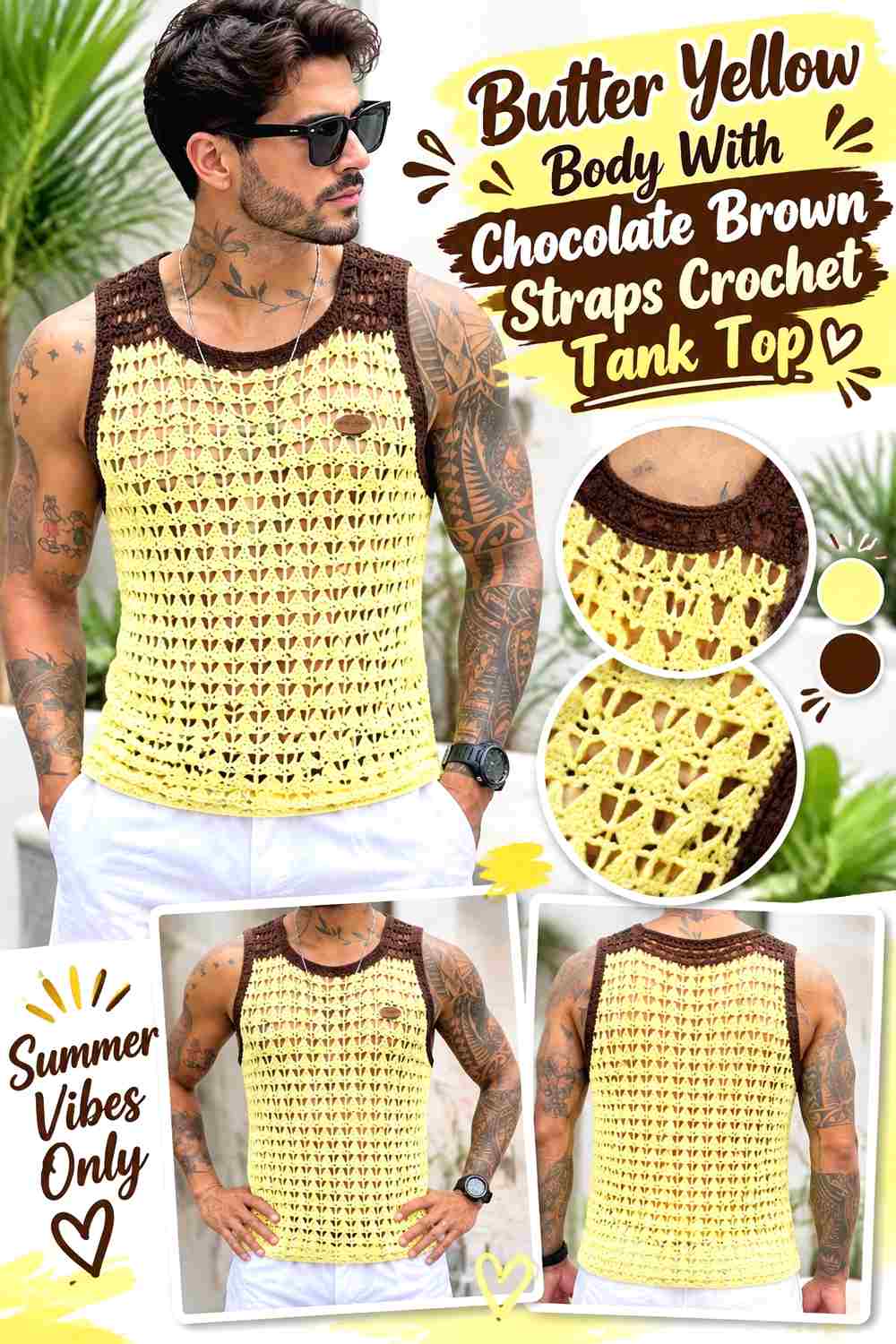 2. Butter Yellow Body With Chocolate Brown Straps Crochet Tank Top