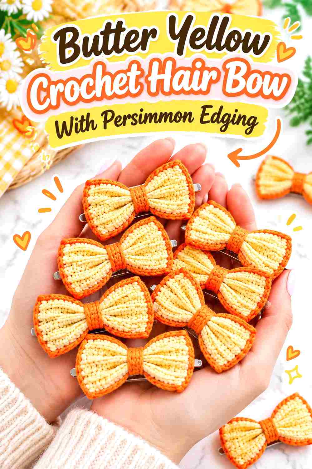 4. Butter Yellow Crochet Hair Bow With Persimmon Edging