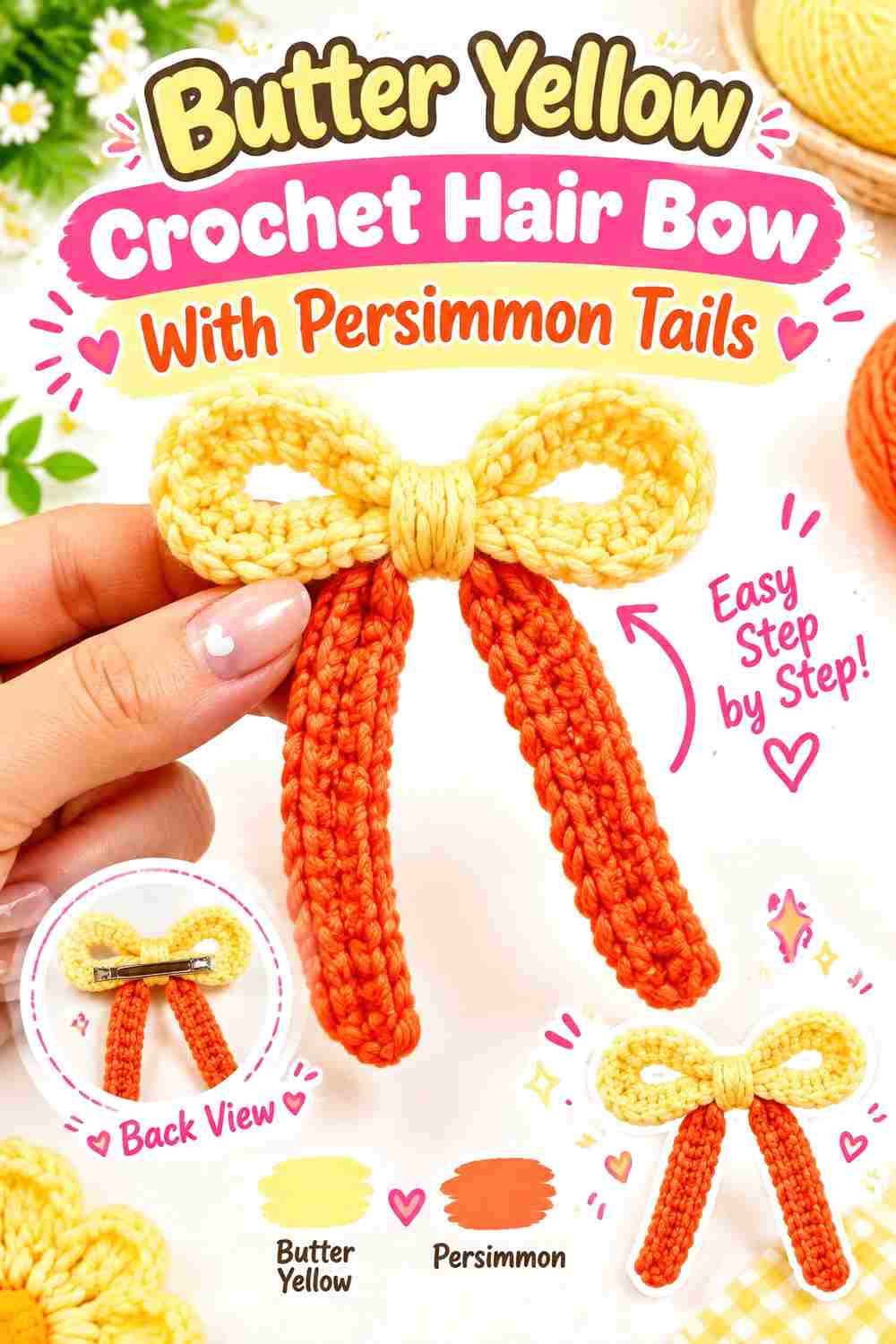 7. Butter Yellow Crochet Hair Bow With Persimmon Tails