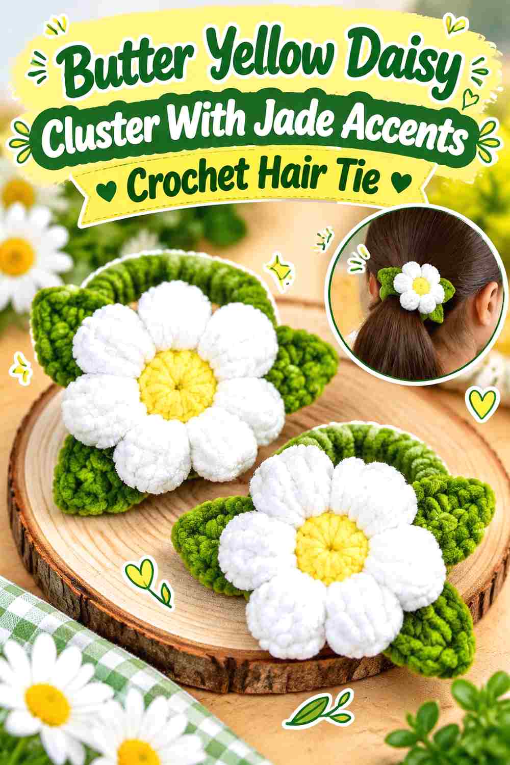 10. Butter Yellow Daisy Cluster With Jade Accents Crochet Hair Tie