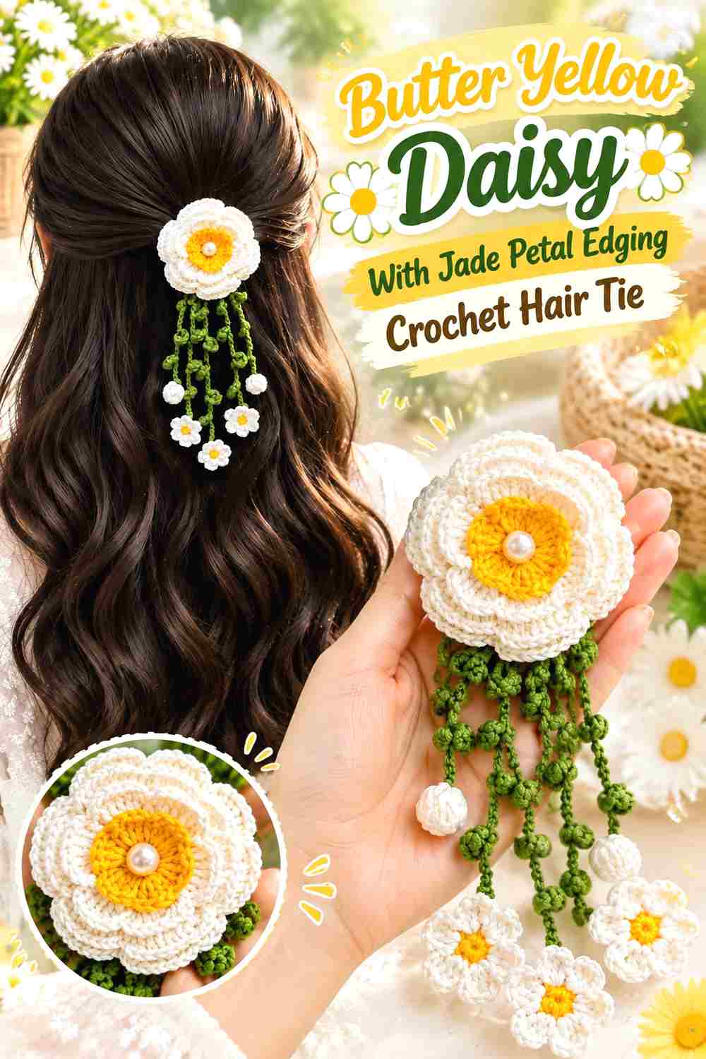 8. Butter Yellow Daisy With Jade Petal Edging Crochet Hair Tie