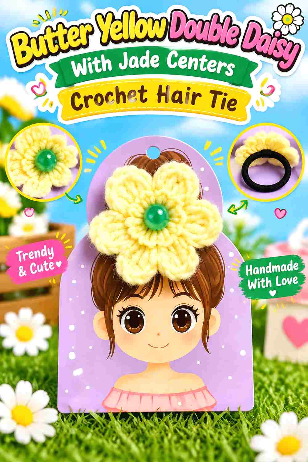 6. Butter Yellow Double Daisy With Jade Centers Crochet Hair Tie