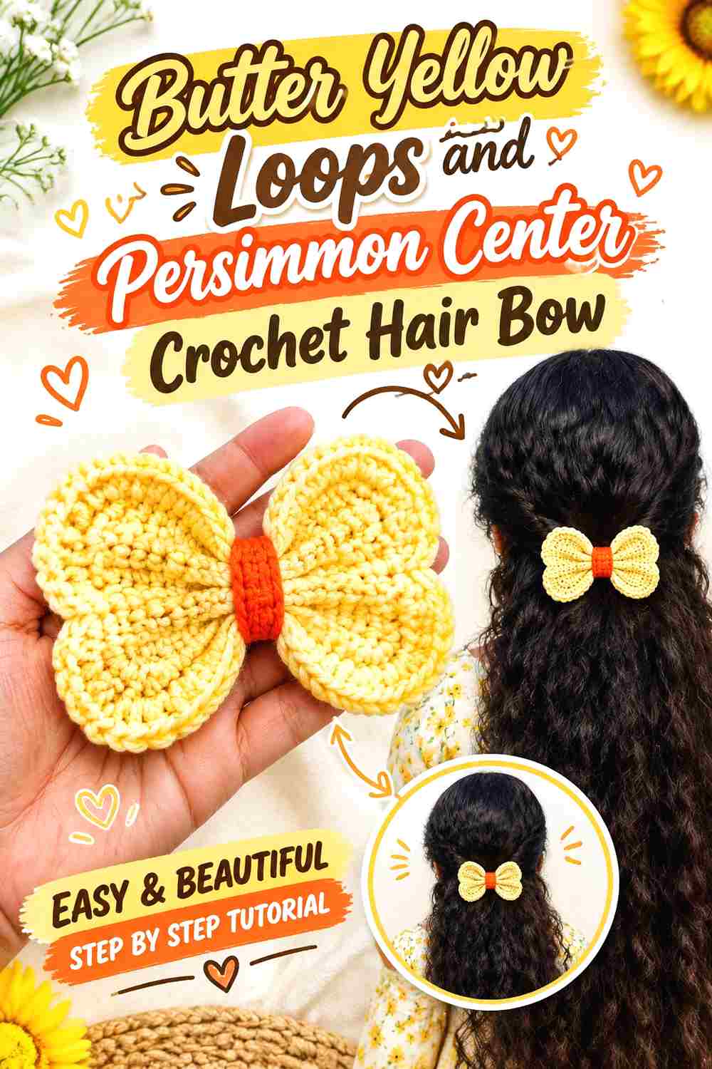 2. Butter Yellow Loops And Persimmon Center Crochet Hair Bow