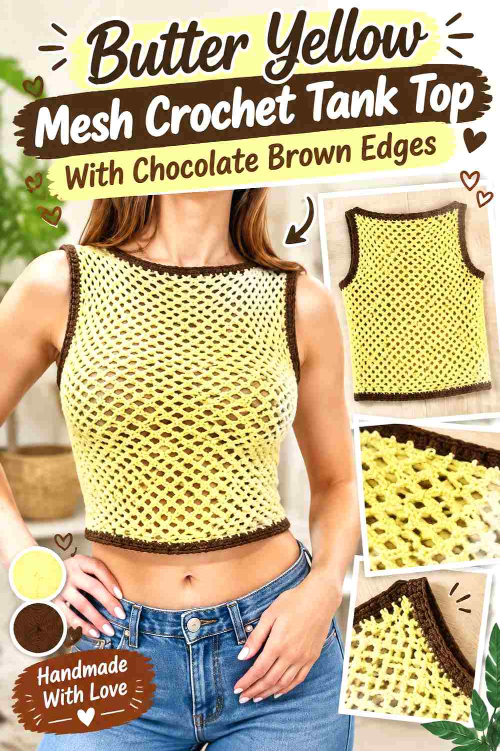 6. Butter Yellow Mesh Crochet Tank Top With Chocolate Brown Edges