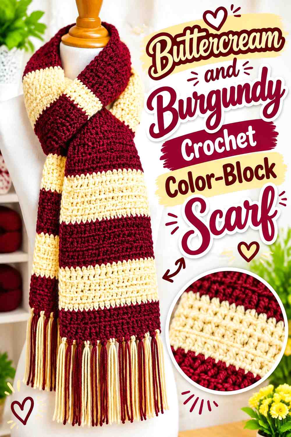 6. Buttercream And Burgundy Crochet Color Block Scarf