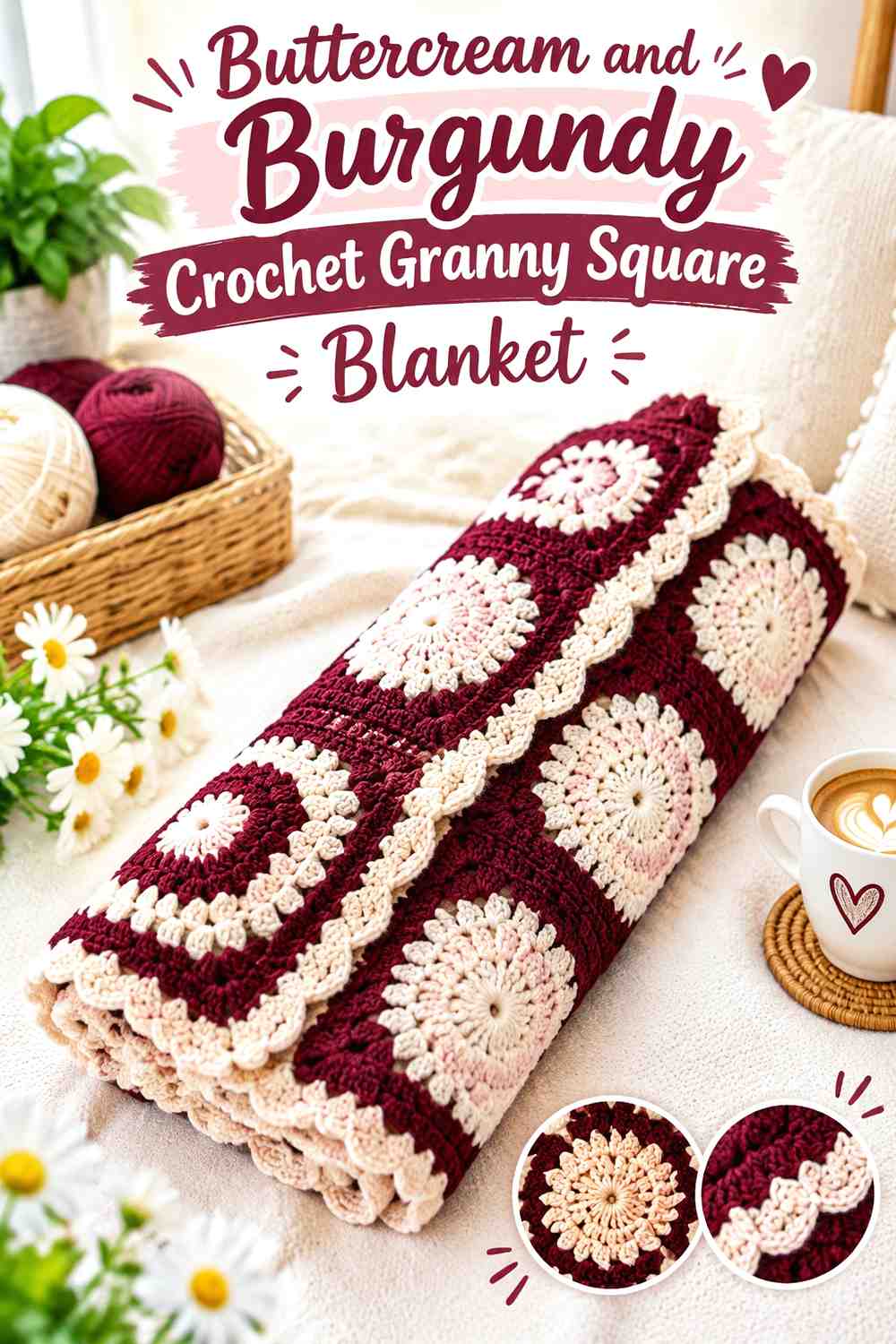 4. Buttercream And Burgundy Crochet Granny Square Blanket