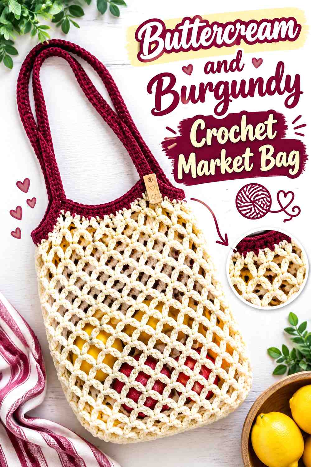 13. Buttercream And Burgundy Crochet Market Bag
