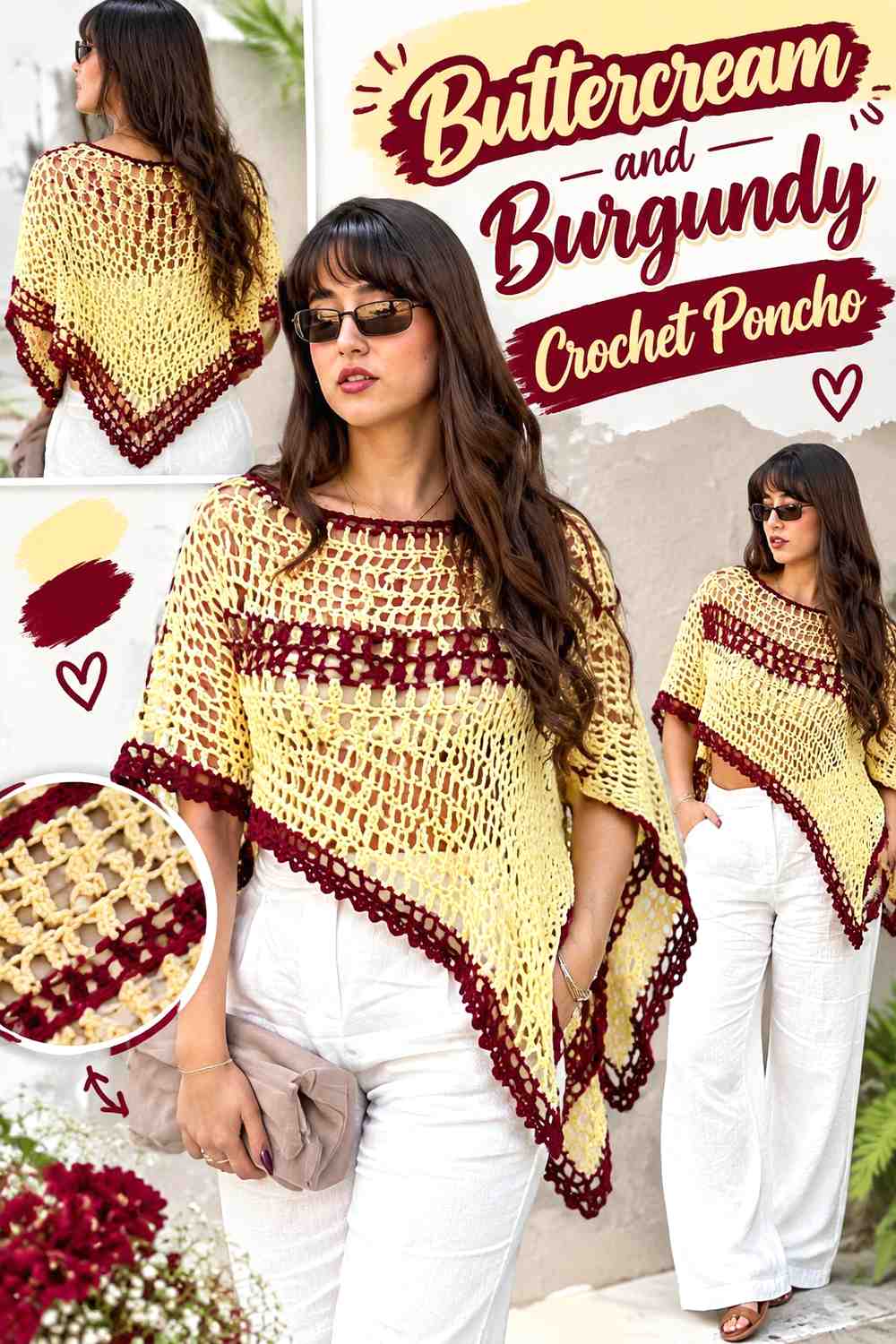 14. Buttercream And Burgundy Crochet Poncho