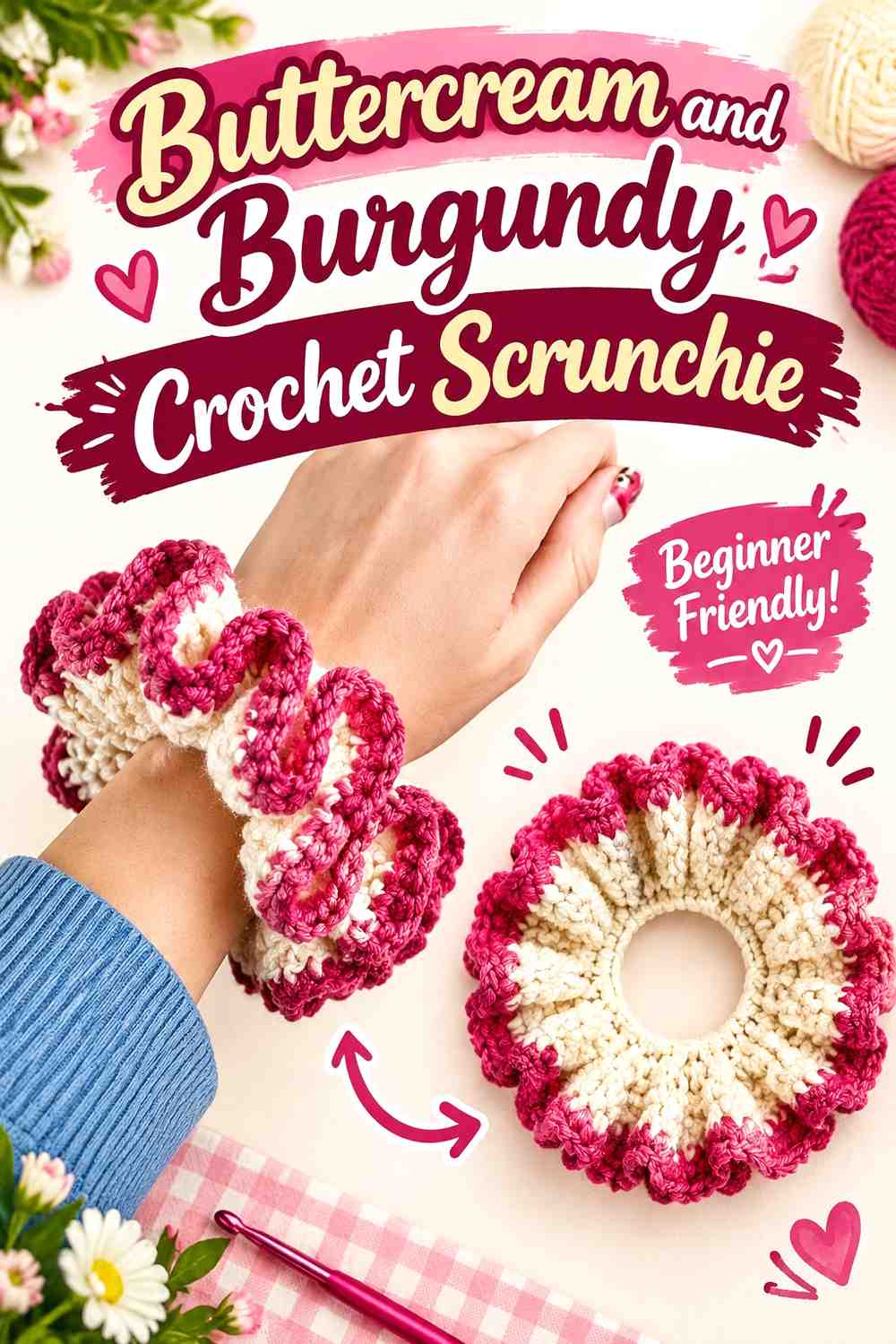 16. Buttercream And Burgundy Crochet Scrunchie