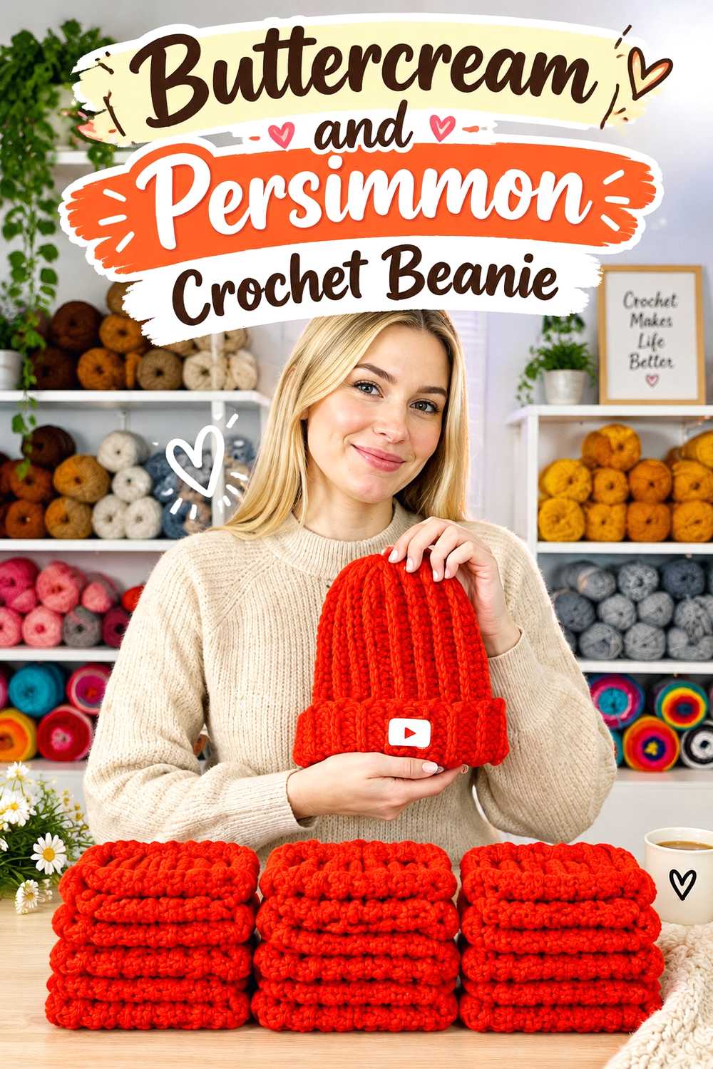 6. Buttercream And Persimmon Crochet Beanie