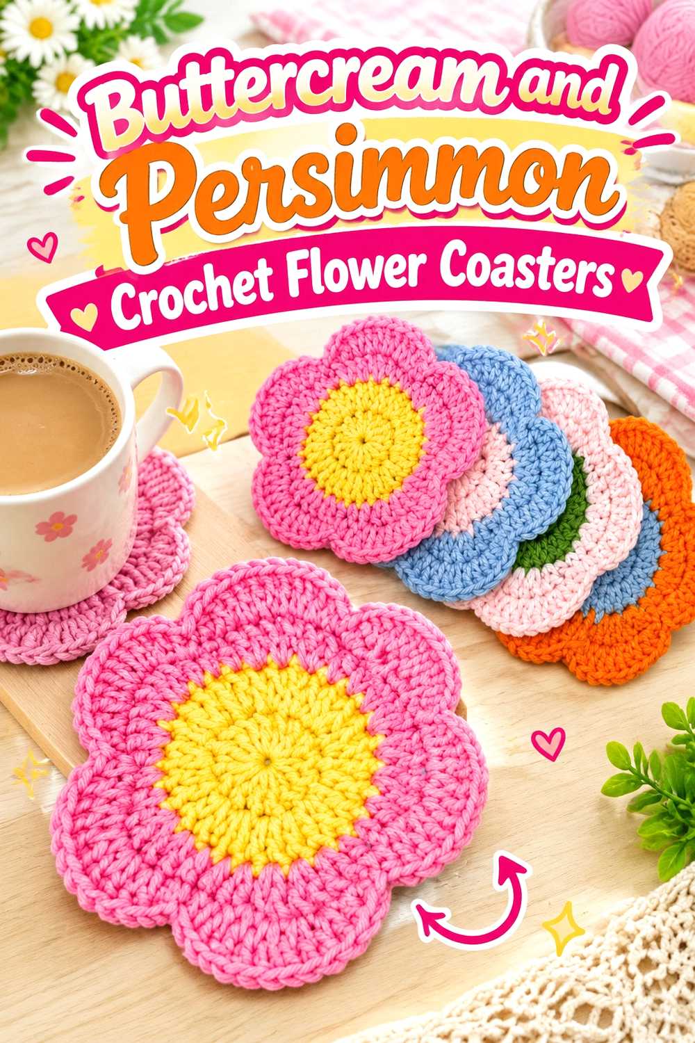 12. Buttercream And Persimmon Crochet Flower Coasters