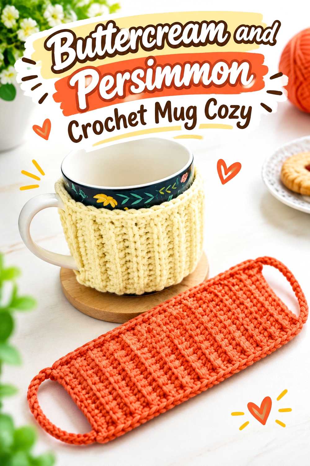 14. Buttercream And Persimmon Crochet Mug Cozy