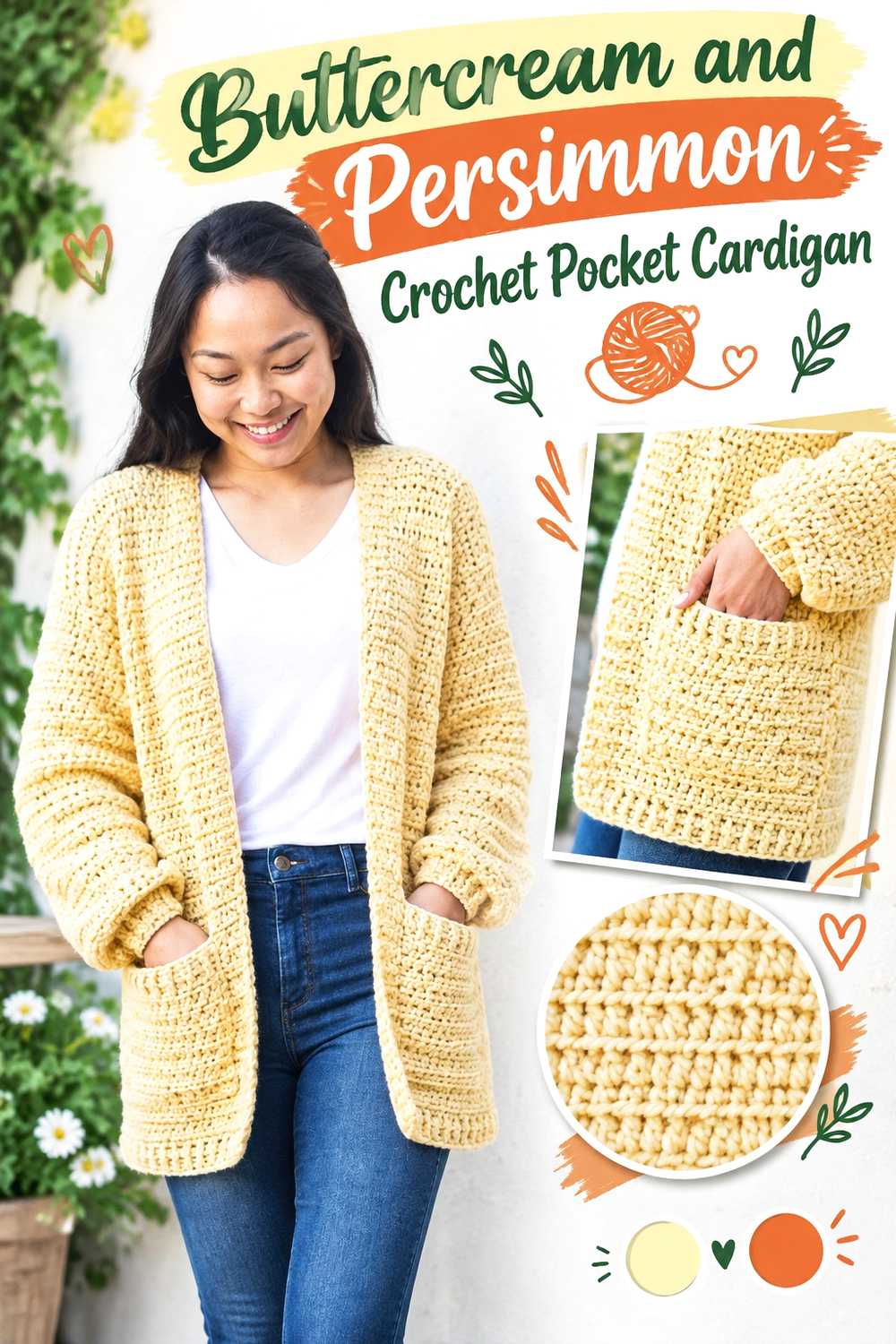 2. Buttercream And Persimmon Crochet Pocket Cardigan